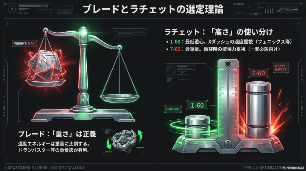 運動エネルギーを生む重量級ブレードの優位性と、1-60と7-60ラチェットの重心の違いを比較した理論図