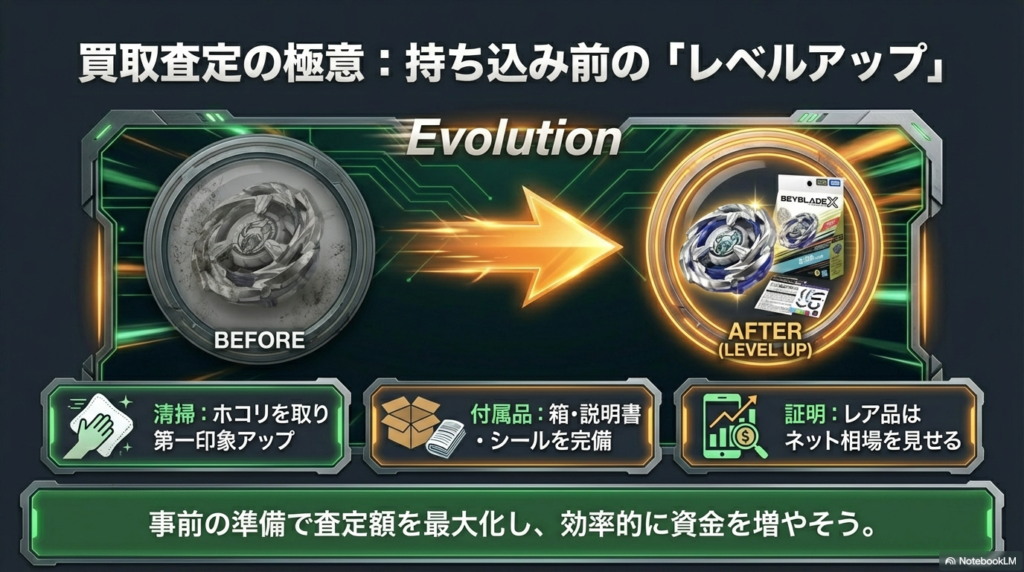 買取査定額をアップさせる清掃テクニック ベイブレードXを売る前にホコリを取り付属品を揃えることで査定員の第一印象を良くし査定額アップを狙う手順です。
