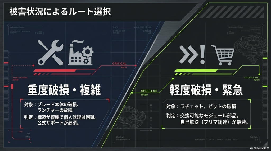 ベイブレード本体の重度破損か消耗パーツの軽度破損かに応じて、公式サポートか自己解決かを選ぶ判断基準のチャート。