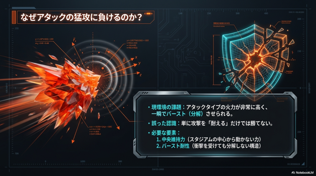 アタックタイプの攻撃に耐えられない原因 現環境の高火力なアタックタイプに対して単に耐えるだけでは勝てない理由と中央維持力の必要性