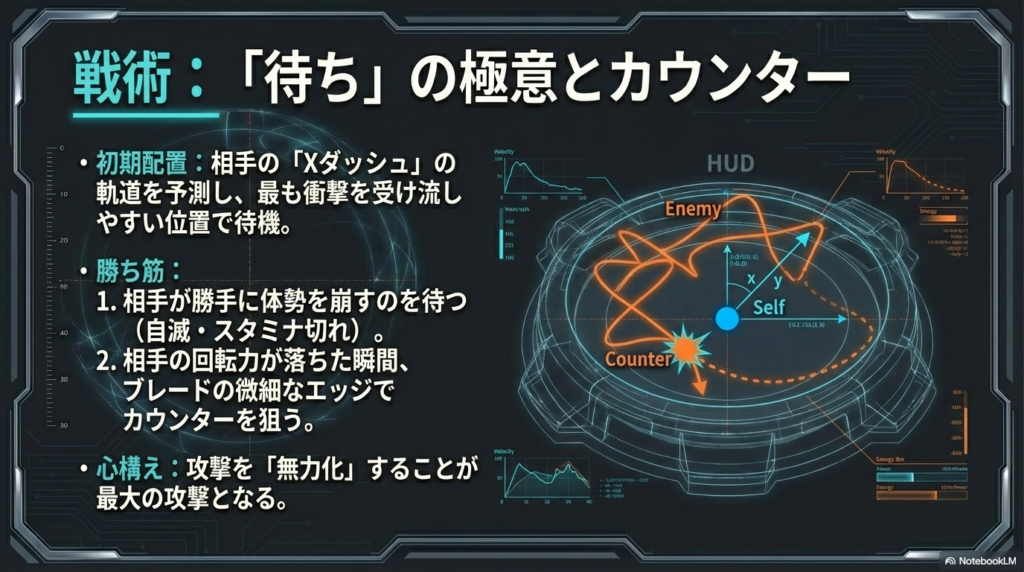 アタックタイプに対する待ちとカウンターの戦術HUD 相手のダッシュ軌道を予測して配置し回転力が落ちた瞬間にカウンターを狙うベイブレードXの防御戦術図