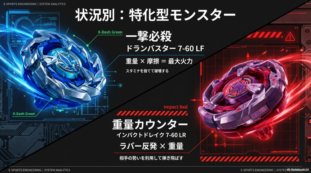 重量と摩擦で攻めるドランバスターと、ラバー反発を利用するインパクトドレイクの特化型カスタム比較