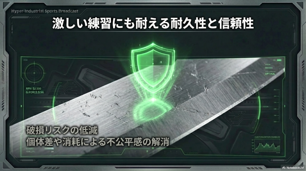 激しい練習に耐える耐久性と個体差による不公平感を解消したメリット。