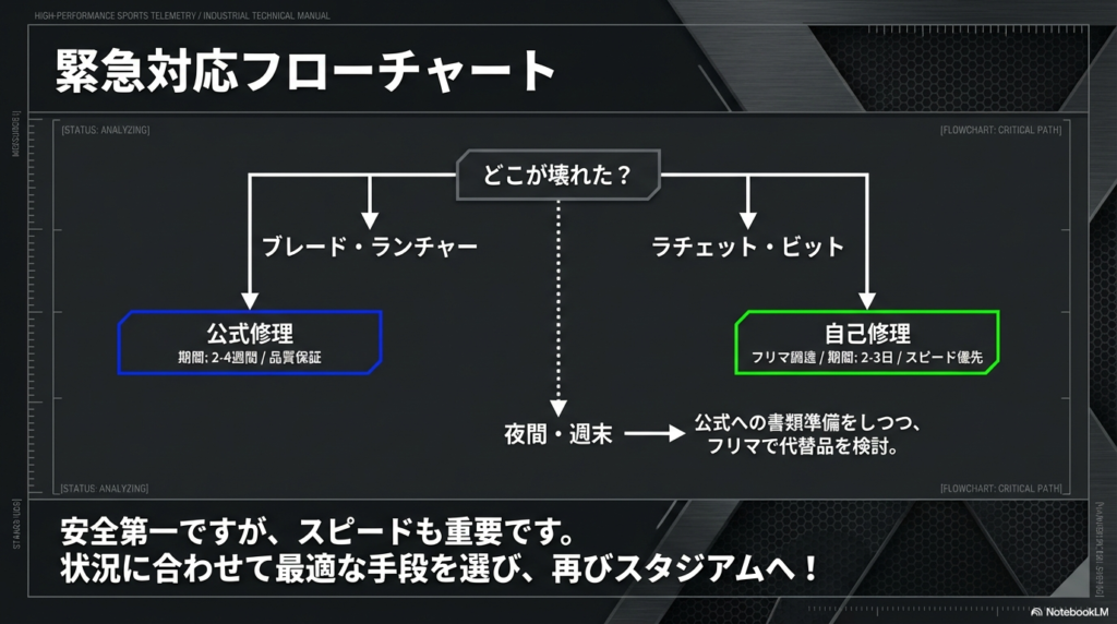 破損箇所と緊急度、優先順位（スピードか品質か）に応じて最適な修理方法を最終決定するためのフローチャート。