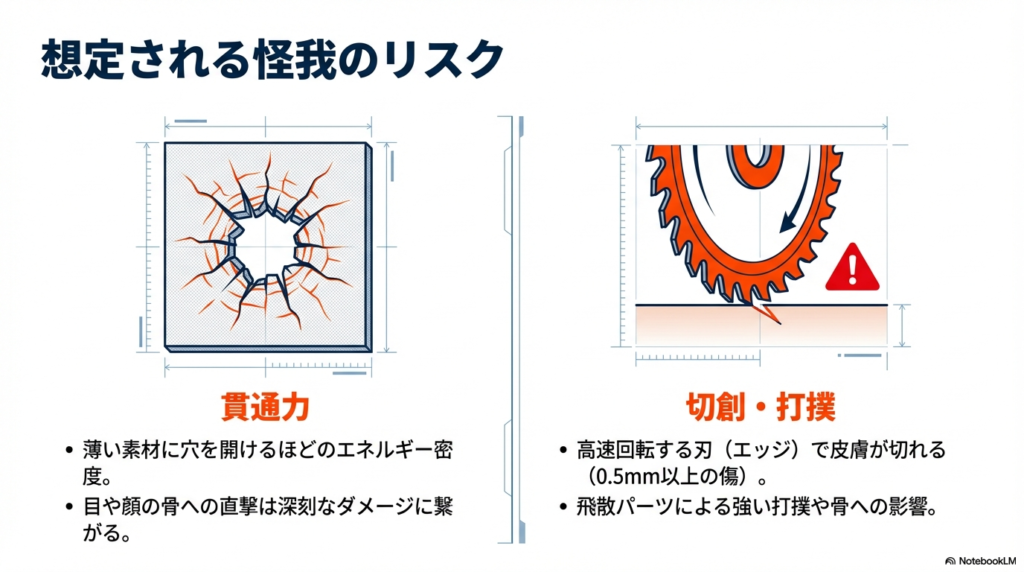 ベイブレードXのパーツが飛散した際の貫通力や、高速回転する刃による皮膚の切創や打撲といった具体的な怪我のリスクを警告するイラストです。