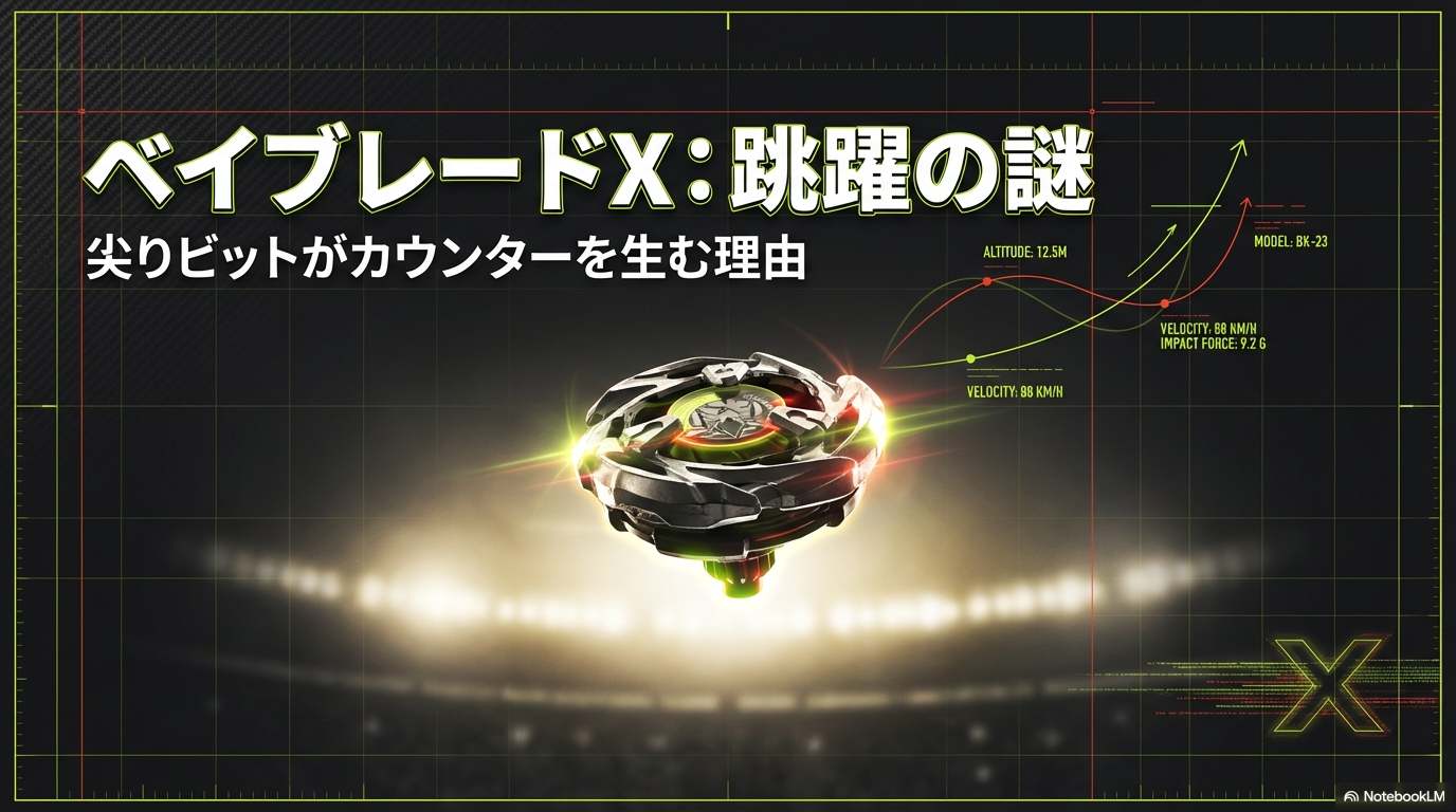 ベイブレードXの跳躍現象と尖りビットの関係性を解説するスライドのタイトル表紙です。