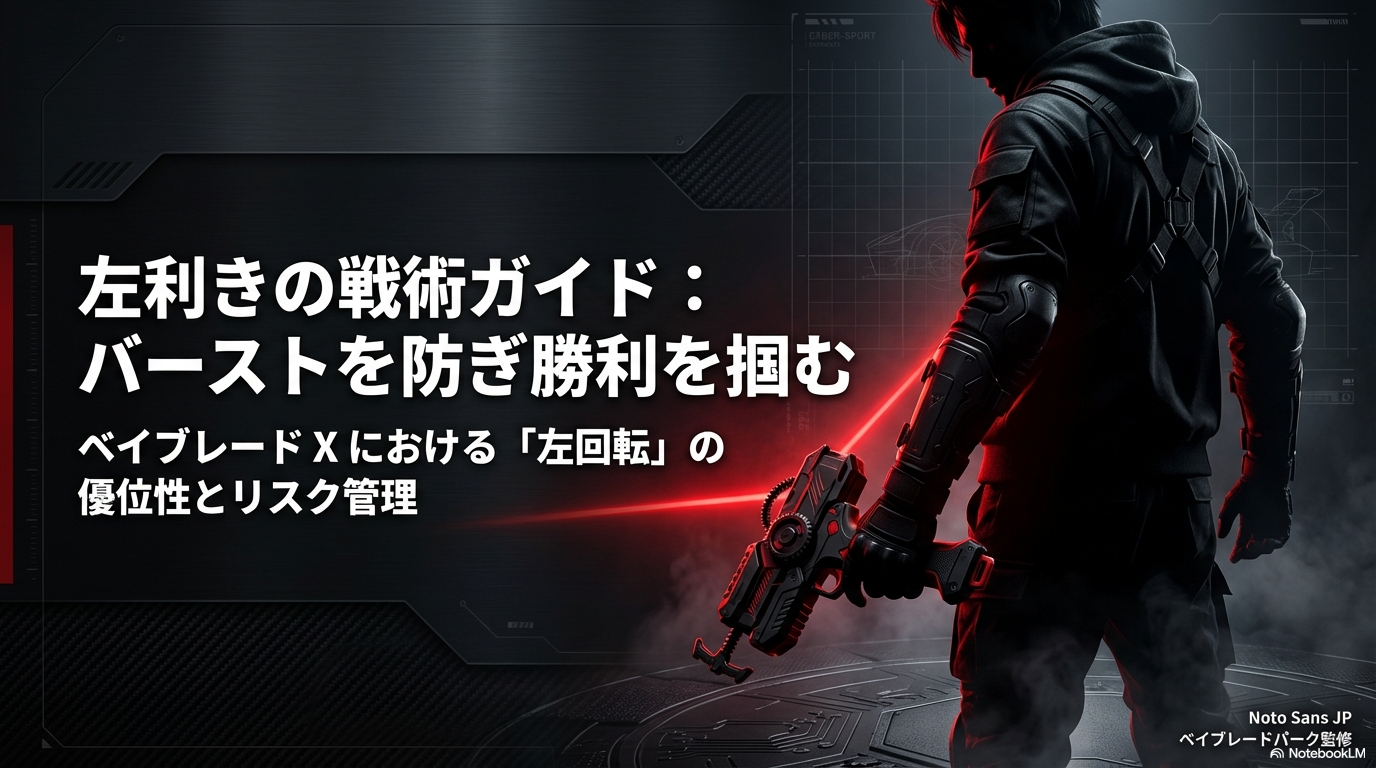 ベイブレードXにおいて左利きプレイヤーがバーストを防ぎ勝利を掴むための戦術ガイドの表紙スライドです。