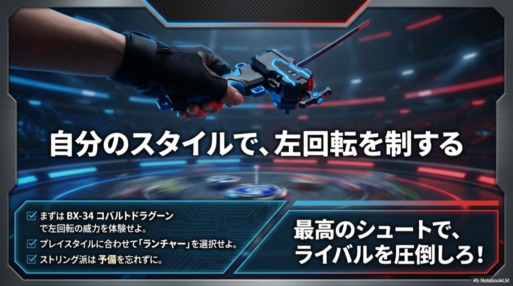 左回転を制するためのまとめとアクションプラン 自分のスタイルに合わせてランチャーを選択し、コバルトドラグーンで勝利を目指すための最終的なアクションプランです。