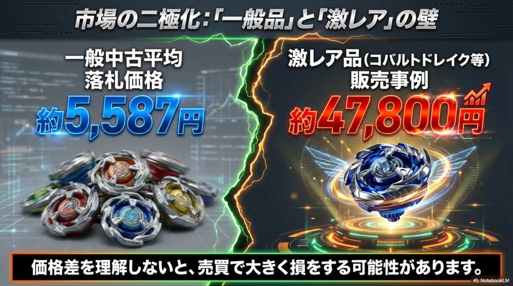 一般中古品と激レア品の価格差の現実 ベイブレードXの一般中古品の平均価格とコバルトドレイクなどの激レア品の価格差を比較し市場の二極化を表したグラフです。