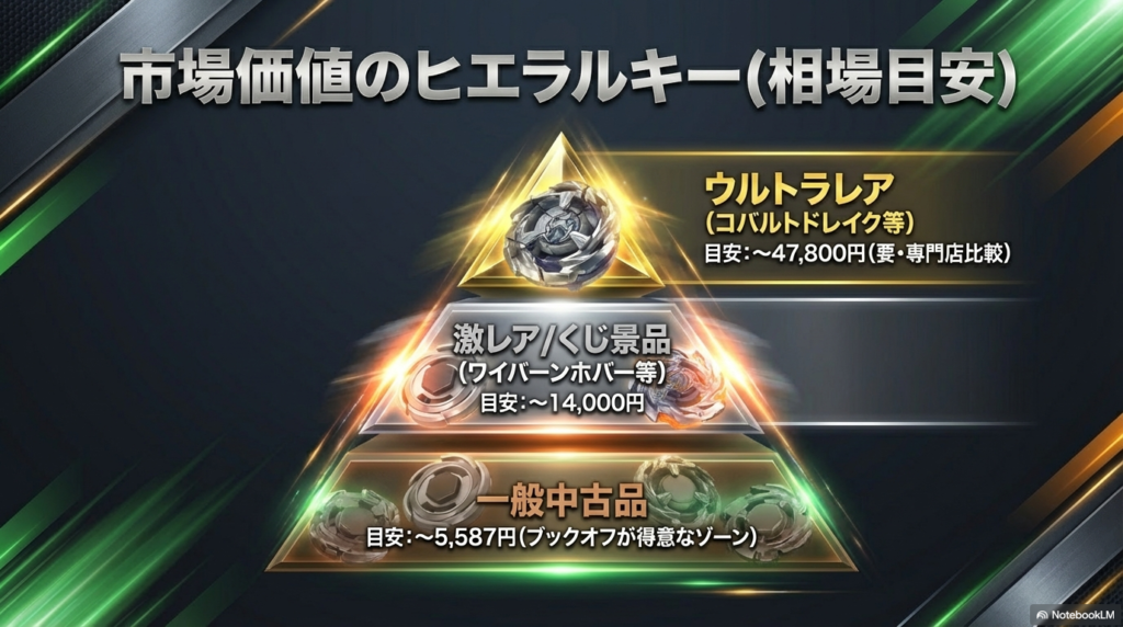 ベイブレードX市場価値のヒエラルキー 一般中古品から激レアのコバルトドレイクまでベイブレードXの市場価値をピラミッド形式で表した相場目安の図です。