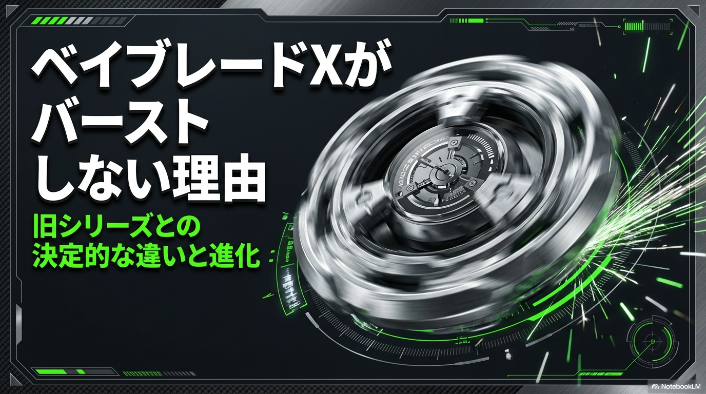 旧シリーズとの違いとベイブレードXがバーストしない理由を解説したスライド資料の表紙。