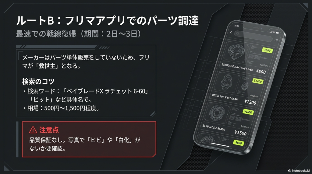 フリマアプリを活用してベイブレードXのラチェットやビットなどの交換パーツを最短で調達するための検索手順と価格相場。