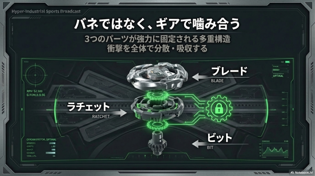 ブレードとラチェットとビットがギアで噛み合い衝撃を分散する固定構造の図解。