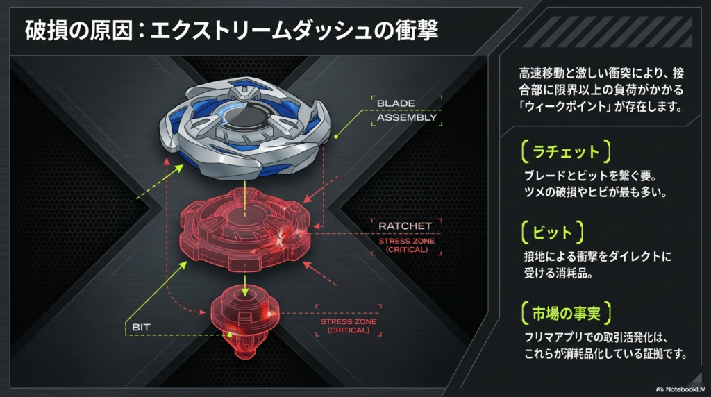 ベイブレードXのブレード、ラチェット、ビットの分解図と、衝撃負荷がかかりやすい危険なストレスゾーンの解説図。