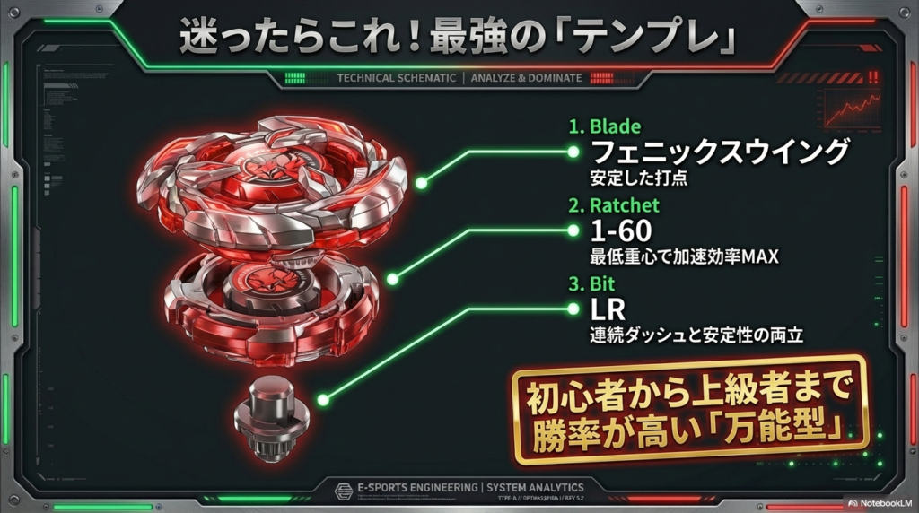 フェニックスウイング、1-60ラチェット、LRビットを組み合わせた、勝率の高いアタックタイプ最強テンプレの構成図