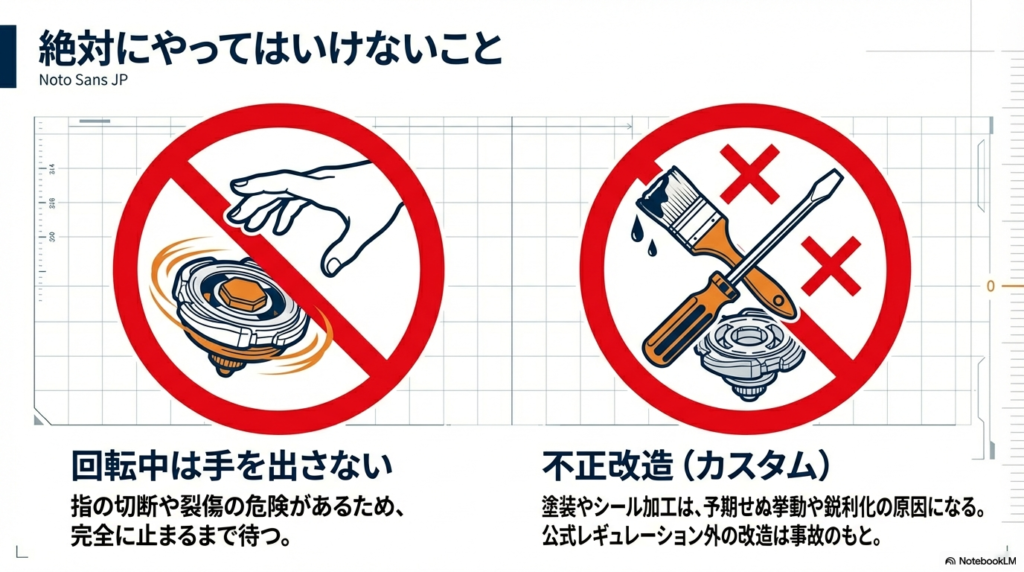 回転中のベイに手を出さないことや、塗装やシール加工などの不正改造が予期せぬ事故の原因になることを示す禁止事項のイラストです。