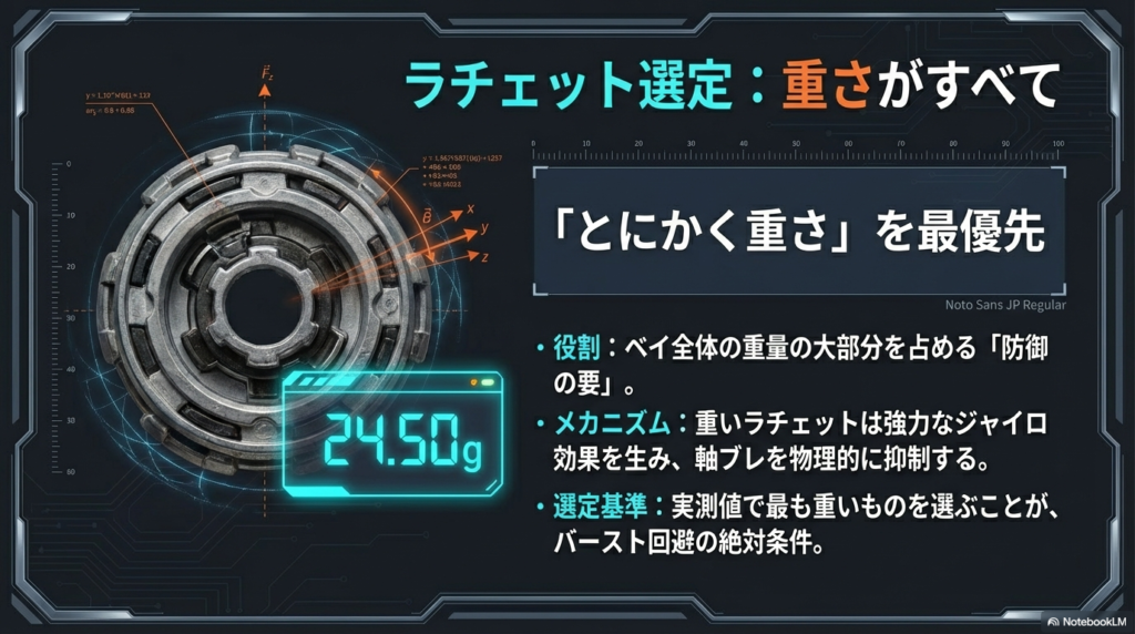 最強ディフェンスのための重量級ラチェット選定 ベイブレード全体の重量を支え強力なジャイロ効果を生むために最も重いラチェットを選ぶ重要性