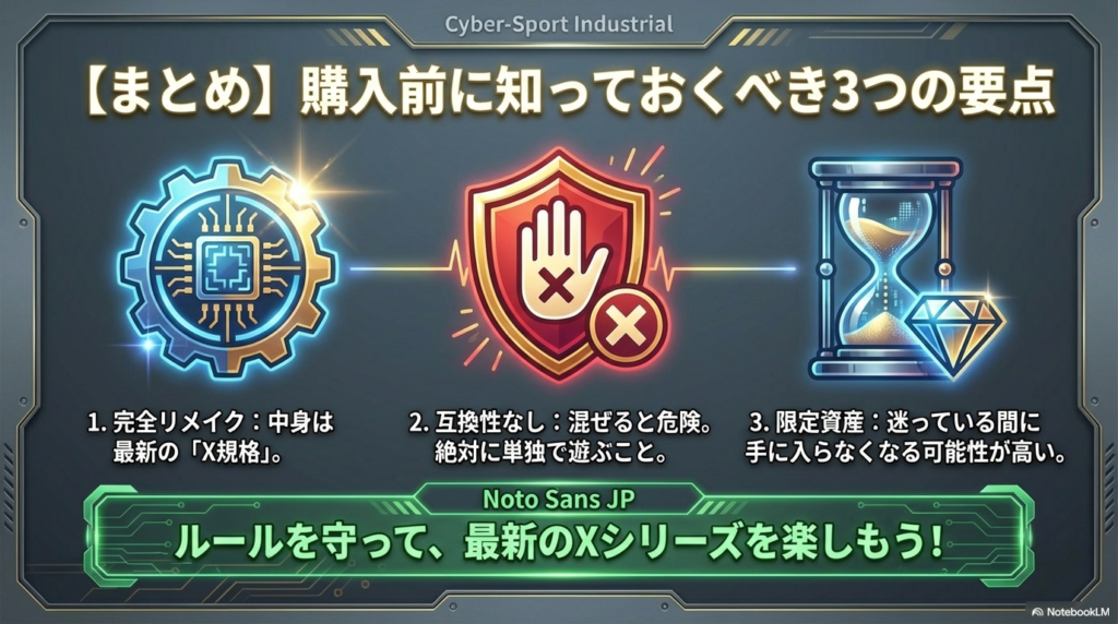 ベイブレードX復刻バースト購入前の重要ポイントまとめ 中身が完全リメイクである点、互換性がなく混ぜると危険な点、限定資産である点の3つをまとめた復刻バーストの要点解説。