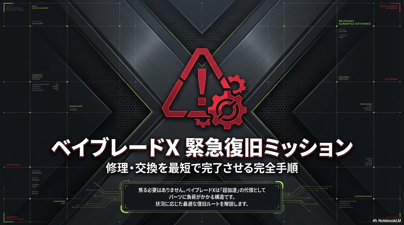 ベイブレードXが破損した際の緊急復旧ミッションと修理交換の完全手順を示した記事のタイトルスライド。
