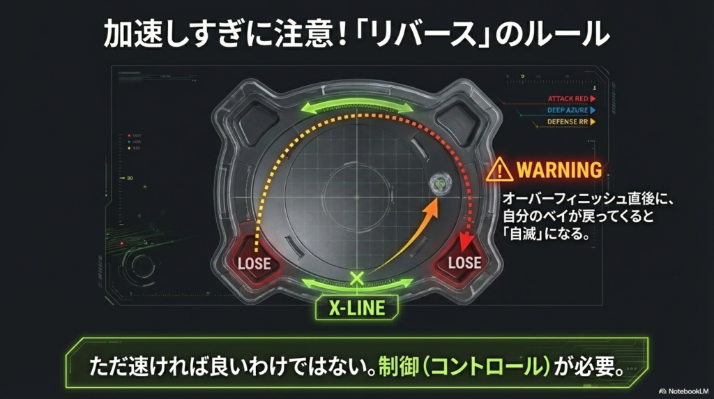 オーバーフィニッシュ直後のリバースによる自滅ルール エクストリームラインを使ってオーバーフィニッシュした直後に自分のベイが戻ってくると自滅になるリバースルールの解説図