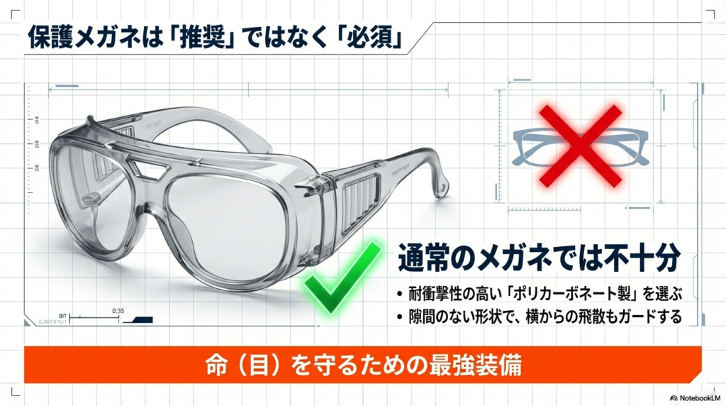 通常のメガネでは不十分であり、耐衝撃性が高いポリカーボネート製の保護ゴーグルが推奨ではなく必須であることを解説しています。