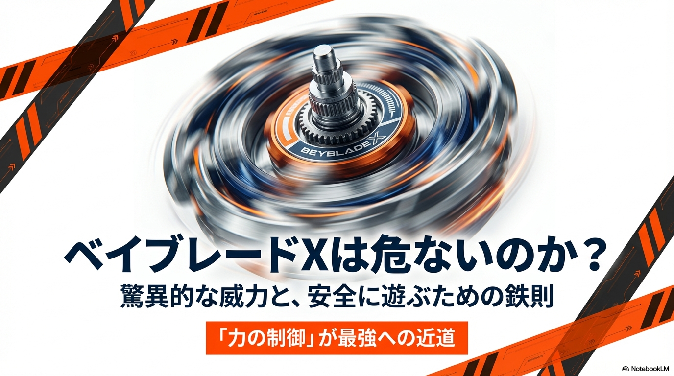 ベイブレードXが危ないと言われる理由や、驚異的な威力を制御して安全に遊ぶための鉄則をまとめたスライドの表紙画像です。