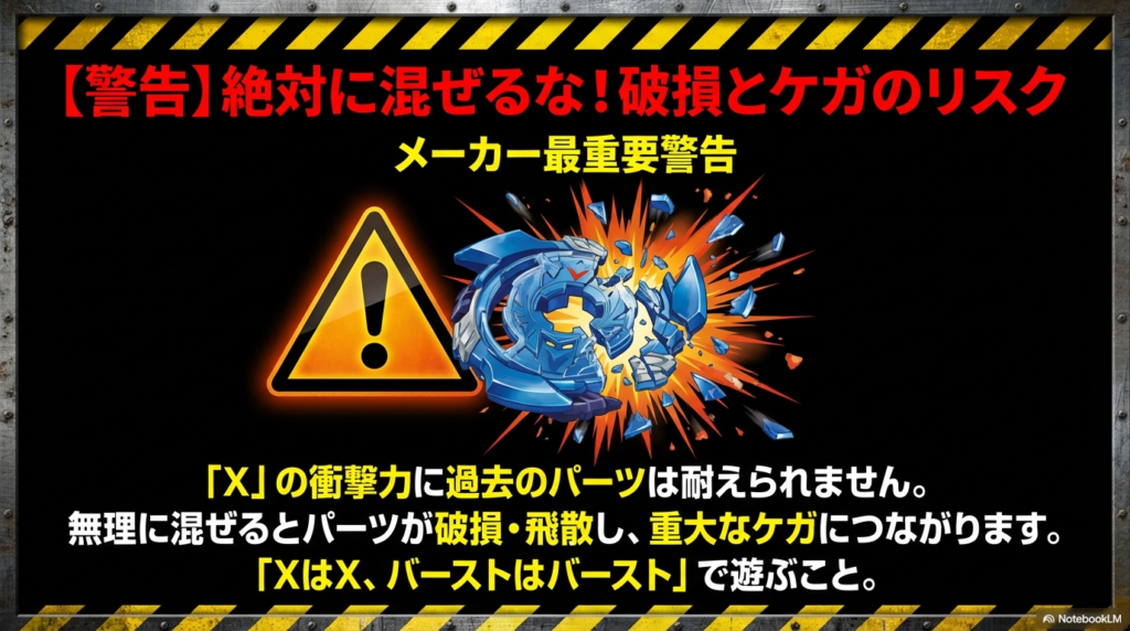 異なるシリーズを混ぜて遊ぶ危険性への警告 ベイブレードXの衝撃力に過去のパーツは耐えられないため、無理に混ぜて遊ぶと破損やケガのリスクがあることを警告するメーカー情報。