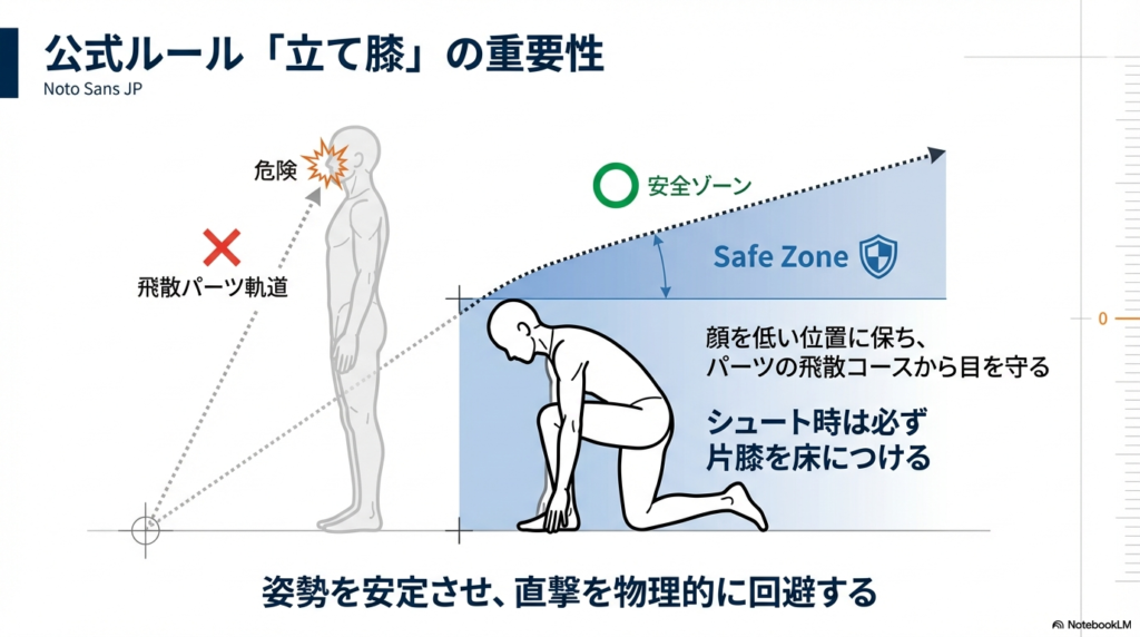 飛散パーツの軌道から目や顔を守るために、片膝を床につけて低い姿勢で構える「立て膝」の重要性と安全ゾーンを図解しています。