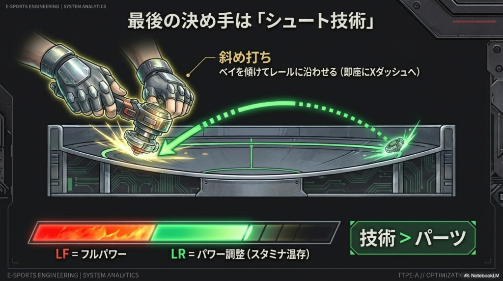 ベイを傾けてレールに沿わせ、即座にXダッシュを発動させるための斜め打ちテクニックとパワー調整の解説