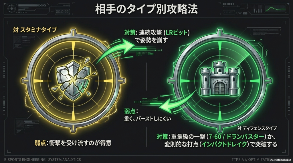 姿勢を崩すべきスタミナタイプと、重量級の一撃で突破すべきディフェンスタイプへの具体的な対策と弱点解説