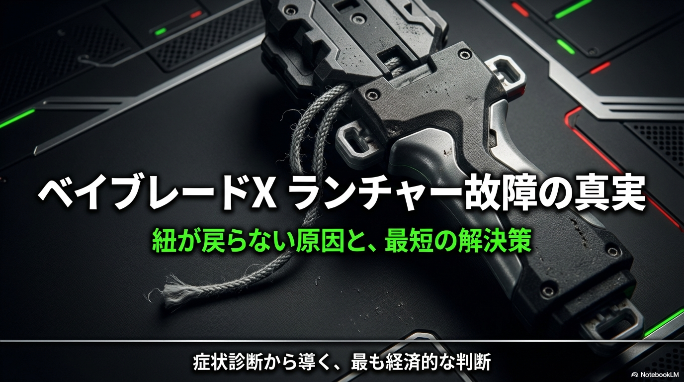 ベイブレードXのストリングランチャーの紐が戻らない原因と、その最短の解決策をまとめたスライド資料の表紙。