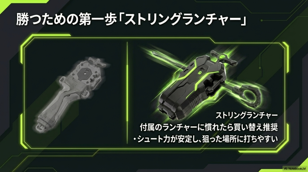 ベイブレードXで勝つためにシュート力が安定して狙いやすいストリングランチャーへの買い替えを推奨するスライド