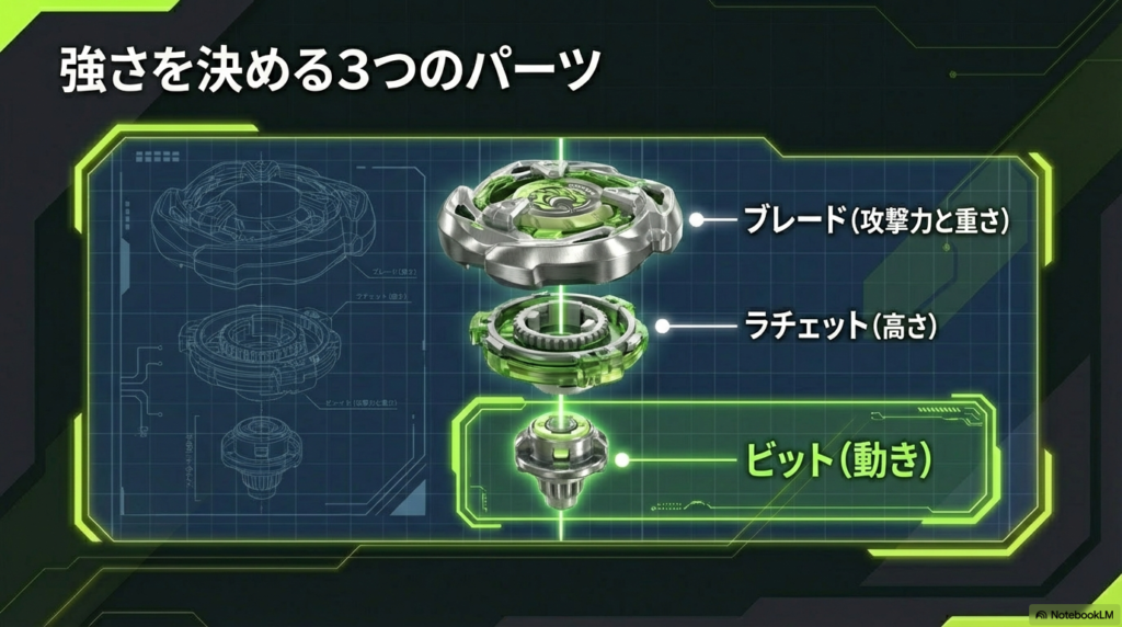 ベイブレードXの強さを決めるブレードとラチェットとビットの3つのパーツ構造の図解