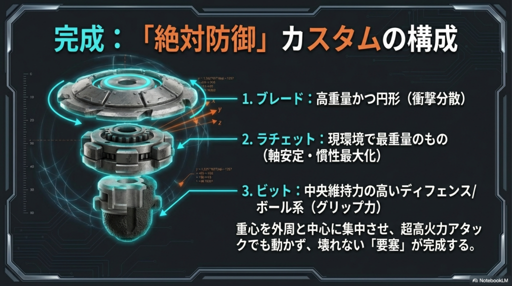 物理学が導き出した絶対防御カスタムの構成 高重量ブレードと最重量ラチェットに高グリップビットを組み合わせたベイブレードXの最強防御改造例