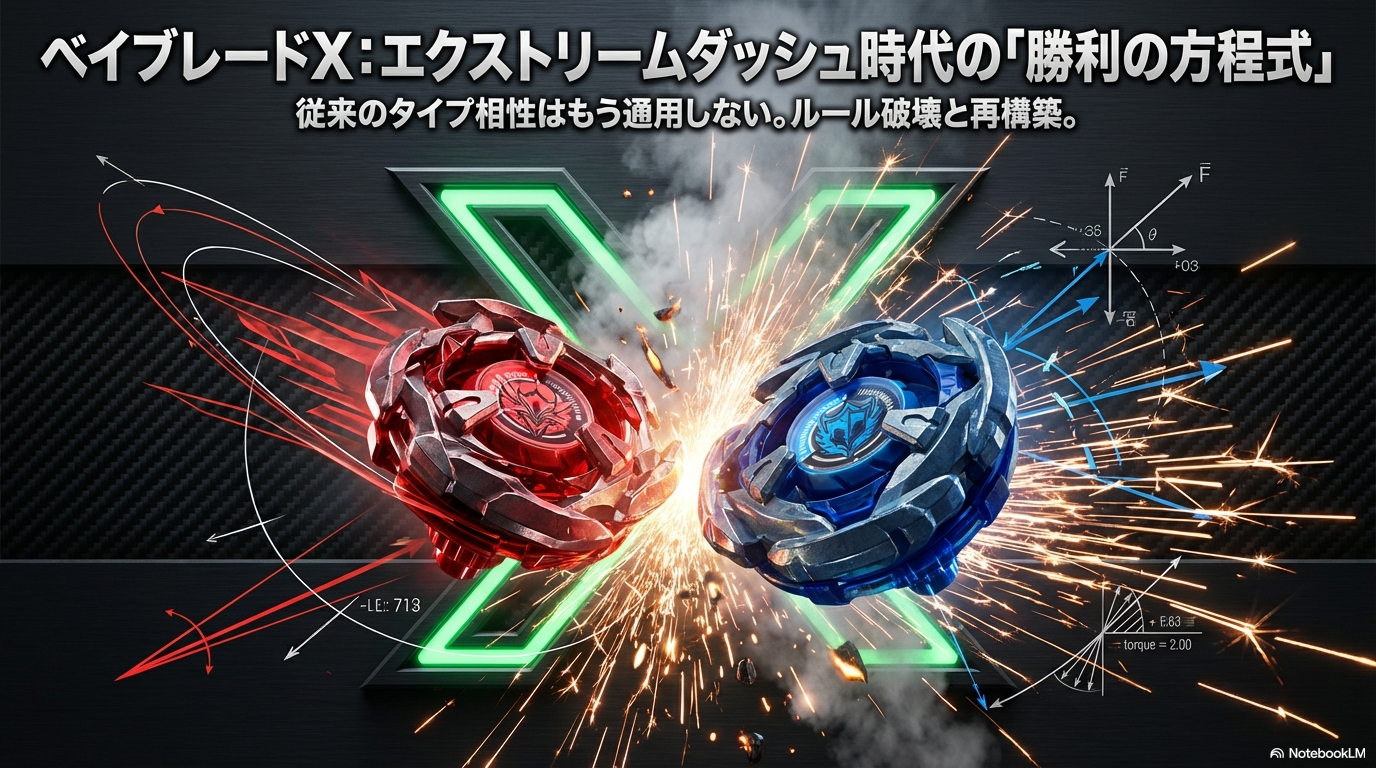ベイブレードXにおいて従来のタイプ相性が通用しなくなり、ルールが再構築されたことを示すスライド資料の表紙。