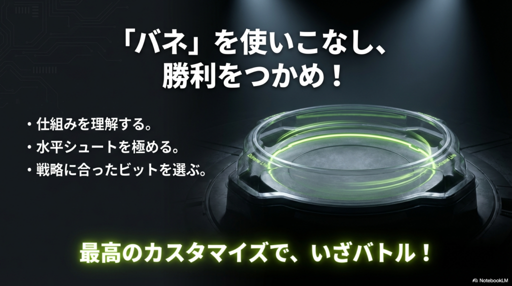 バネを使いこなし勝利をつかむためのまとめ 仕組みの理解からシュート技術、ビット選びまでを統合して勝利を目指すためのまとめスライド