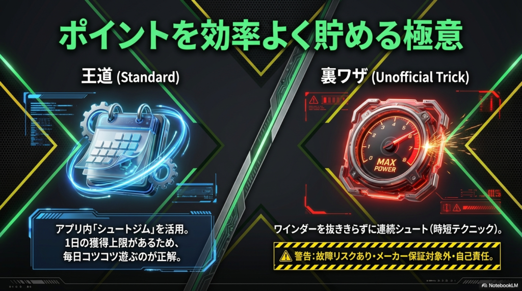 ベイポイントを効率よく貯める王道と裏ワザ 毎日コツコツ貯める王道の方法と、ワインダーを抜ききらずに連続シュートする時短テクニックを図解したスライドです。