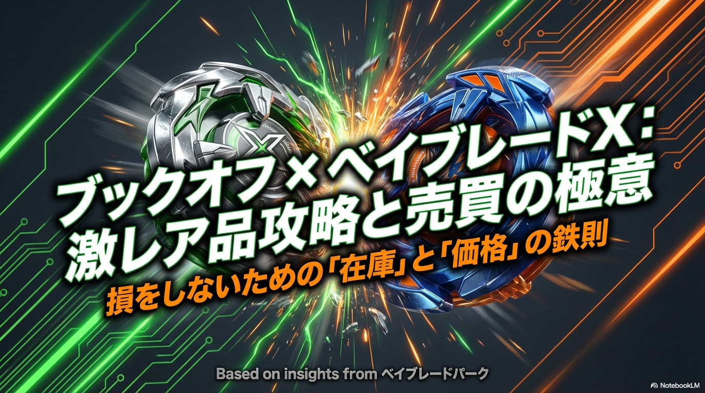ブックオフでベイブレードXの激レア品を攻略し売買で損をしないための極意をまとめたスライドの表紙です。