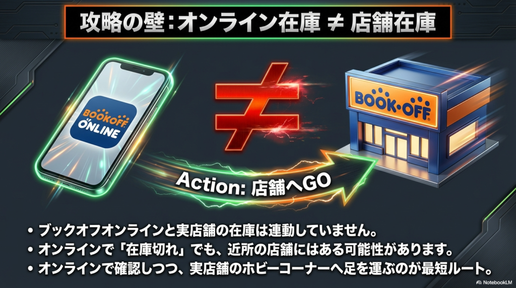 オンラインと実店舗の在庫は連動していない ブックオフオンラインで在庫切れと表示されていても実店舗には在庫がある可能性がある仕組みを示した図解です。