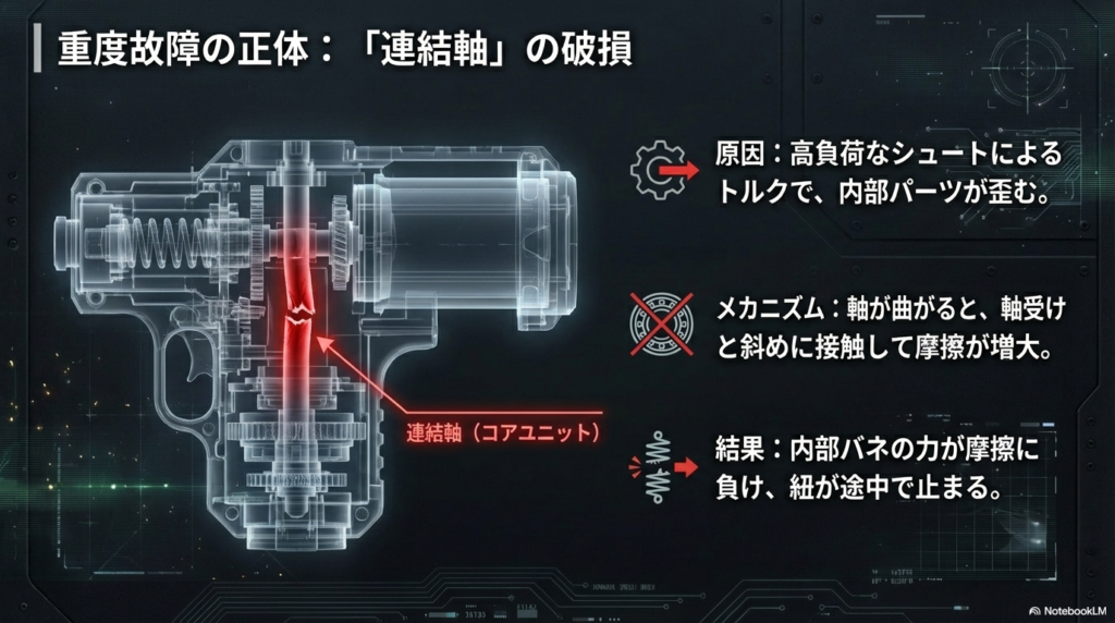 重度故障の原因となる連結軸の破損イメージ ランチャー内部の連結軸(コアユニット)が高負荷によって折れたり曲がったりしている様子を示した内部構造の透視図。