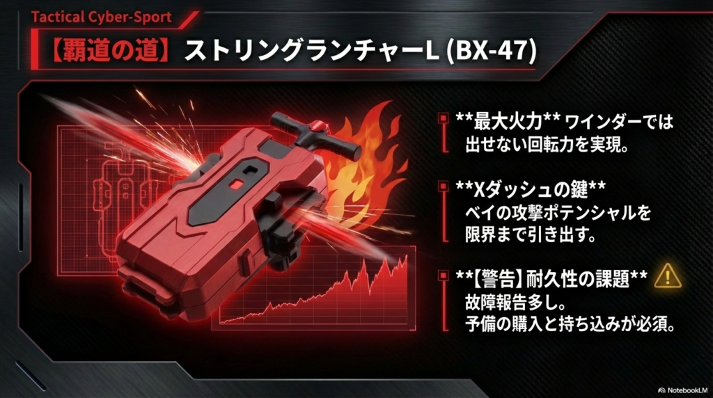 BX-47ストリングランチャーLのパワーと耐久性の課題 Xダッシュを最大化するBX-47ストリングランチャーLの性能と、故障リスクに備えて予備が必要であるという注意点です。