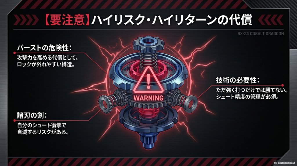 コバルトドラグーンのバースト・リスク警告 攻撃力を高める代償としてロックが外れやすく、自滅バーストのリスクがあることを警告するスライドです。