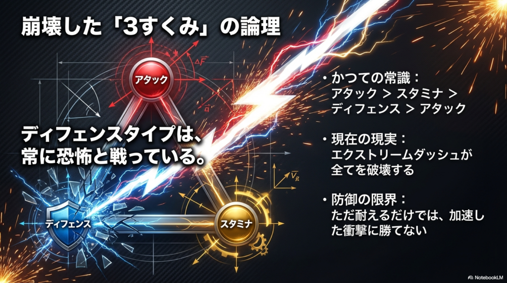 かつてのアタック・ディフェンス・スタミナの3すくみが崩れ、ディフェンスタイプが常に不利な状況にある現状を解説した図。