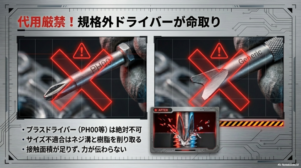 プラスドライバーなどの規格外の工具を使用することが、ネジ溝と樹脂パーツを削り取る最大の原因であることを示す警告図。