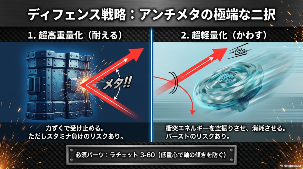 攻撃を耐えるための超高重量化か、衝撃をかわすための超軽量化か、ディフェンスタイプが生き残るための極端な二択を示した図。