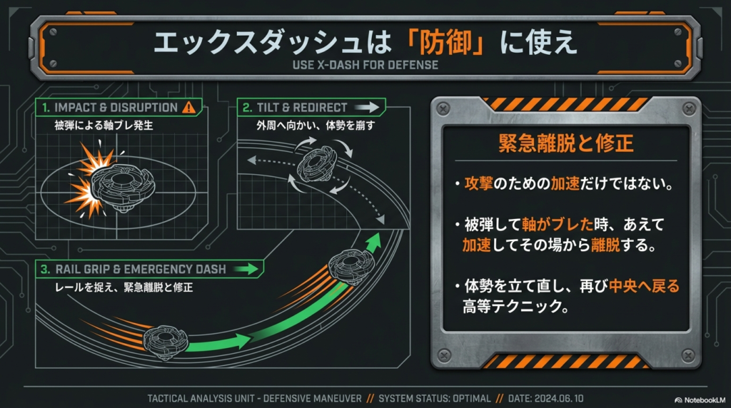 相手の攻撃を受けた衝撃で軸がブレた際に加速して緊急回避を行う防御テクニックの図解です。