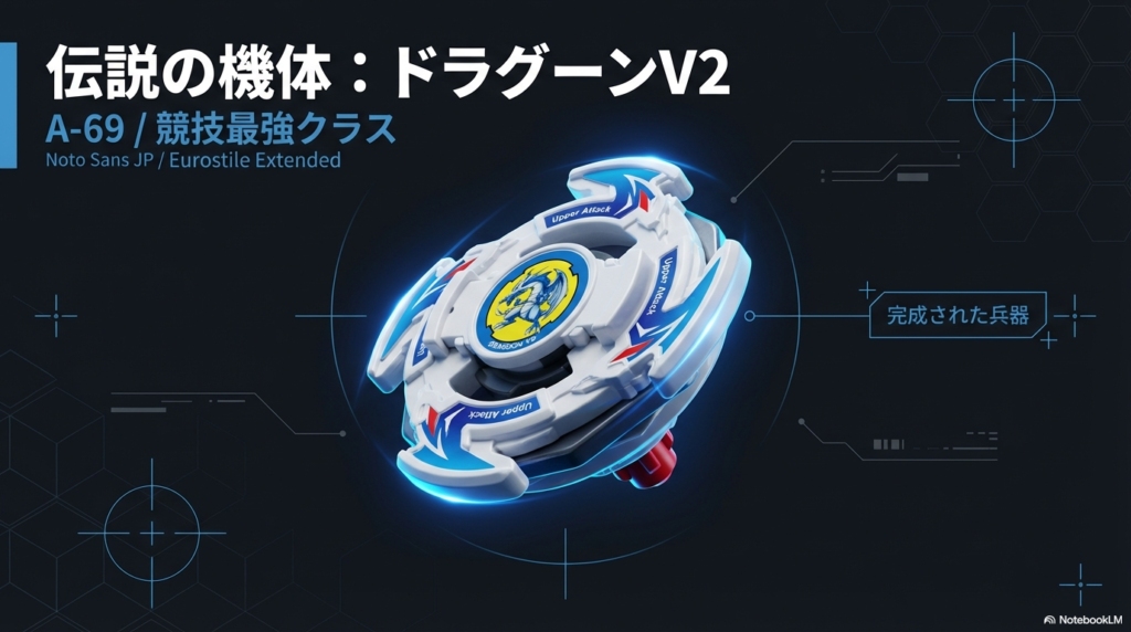 競技シーンで最強クラスと称されるドラグーンV2のデザインと、強力なアッパー攻撃を生み出す完成された機体性能のイメージ。