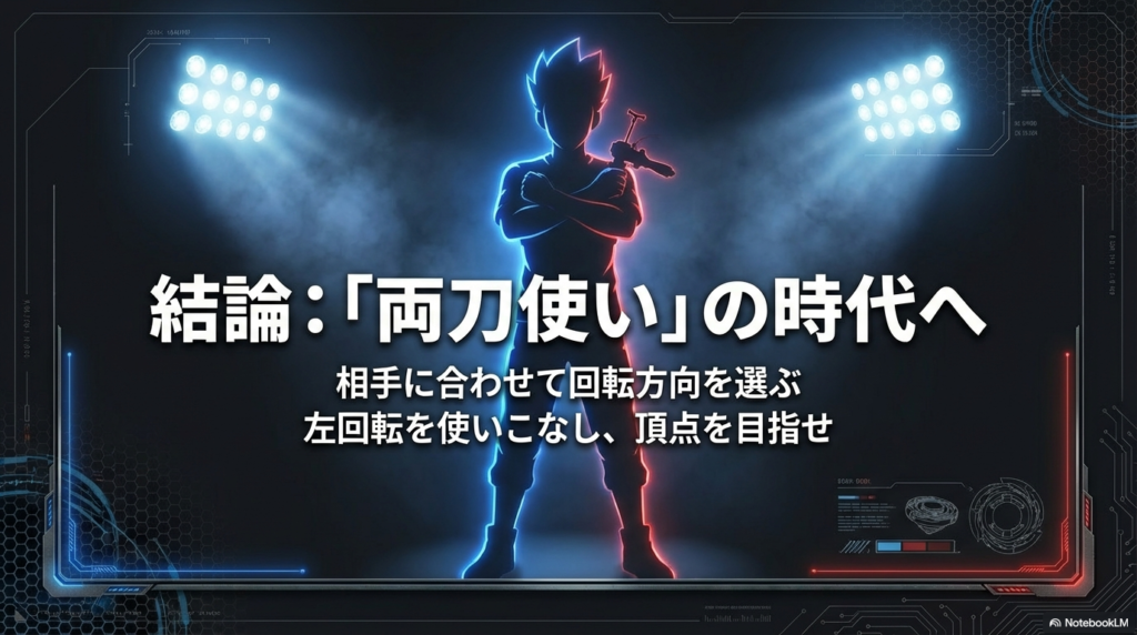 左右両回転を使いこなす両刀使いの時代 相手に合わせて回転方向を選び左右両方の回転を使いこなすことが重要であるという結論のスライドです。