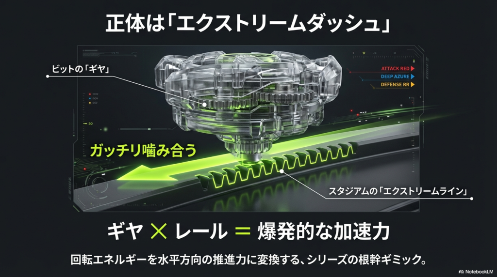 ビットのギヤとエクストリームラインの噛み合わせ ベイブレードのビットにあるギヤとスタジアムのエクストリームラインがガッチリ噛み合い加速する仕組みの図解