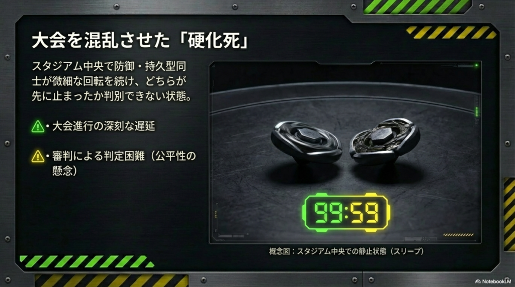 スタジアム中央で二つのベイが微細な回転を続け、タイマーが99分59秒を示している硬化死の状態を表したイメージ図。